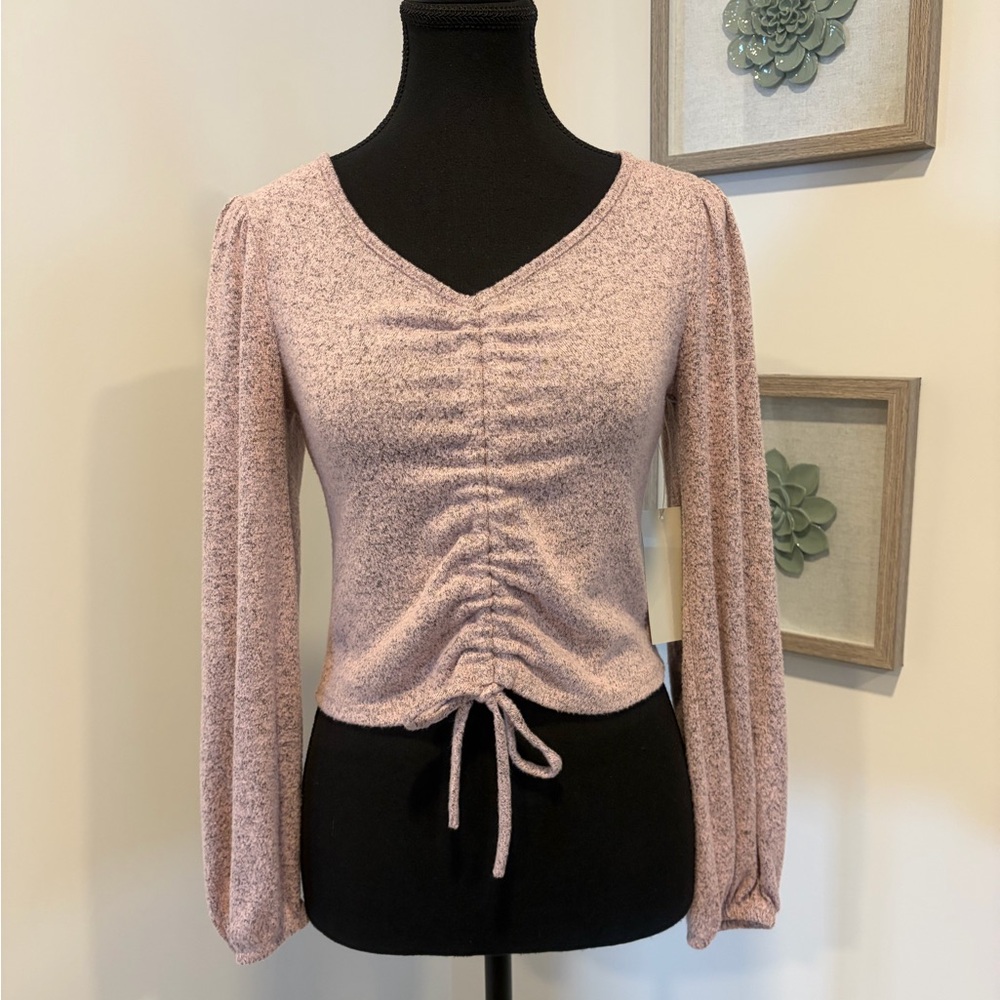 Gaze Heathered Pink Ruched Balloon Sleeve Lightweight Knit Sweater NWT!